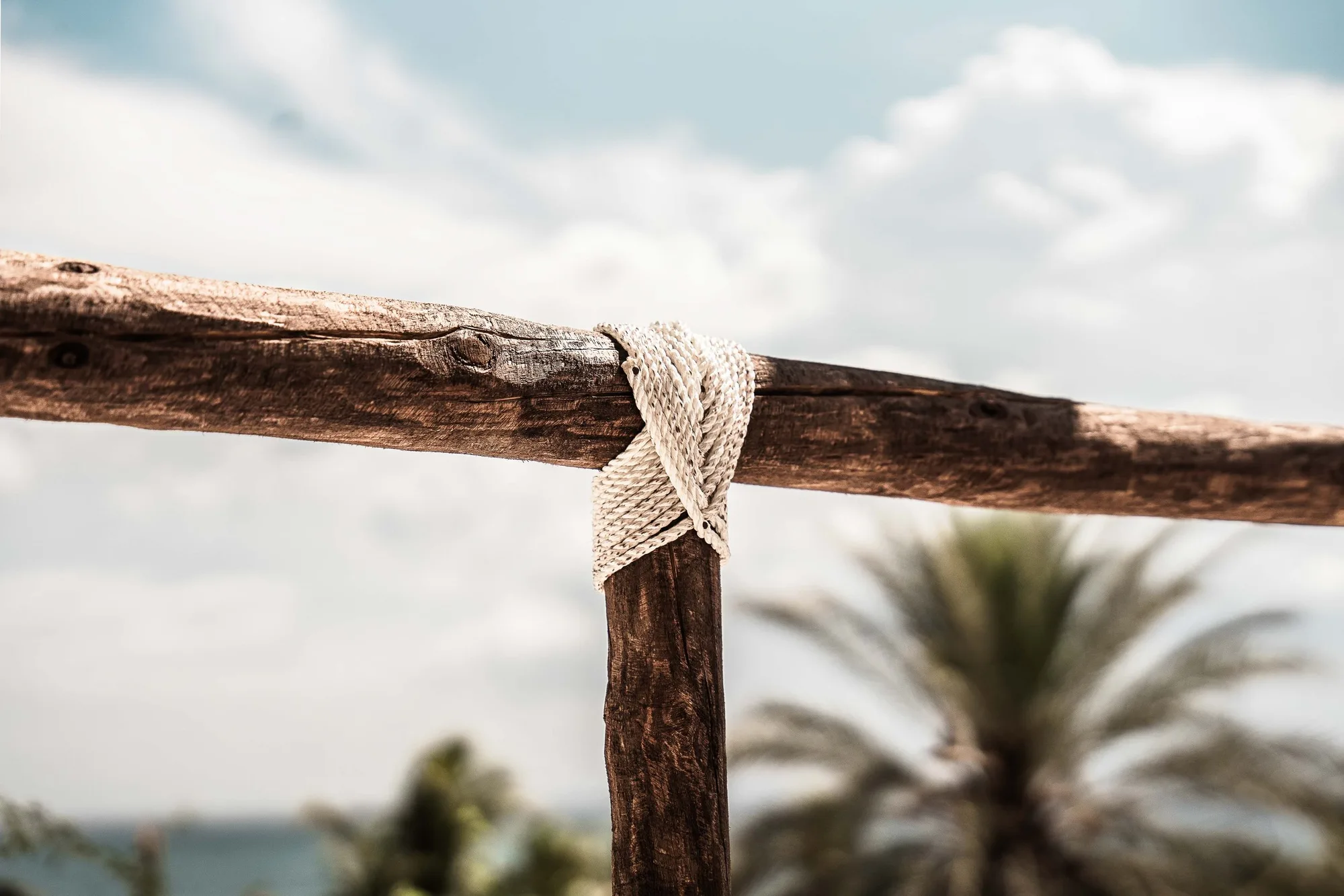 Detail of a rope lashing binding weathered timber railings, a palm and sky behind