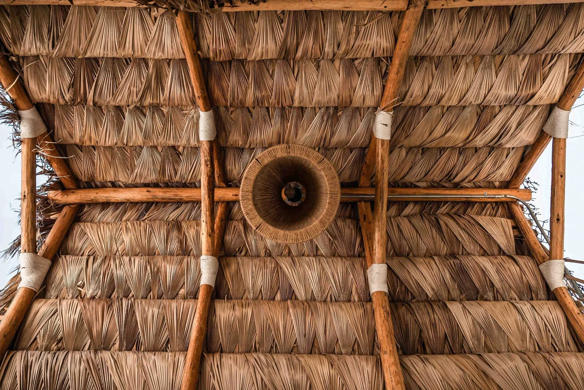 Looking up at the palapa roof, radiating palm-thatch panels on timber beams around a woven round pendant