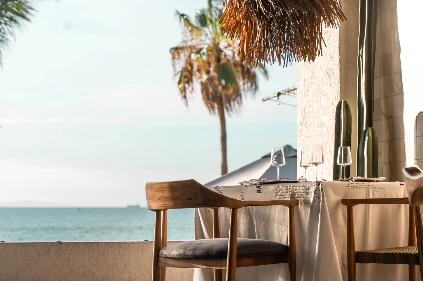 Teak chair at a set table on the terrace edge, a palm and the sea beyond under a palm-frond pendant