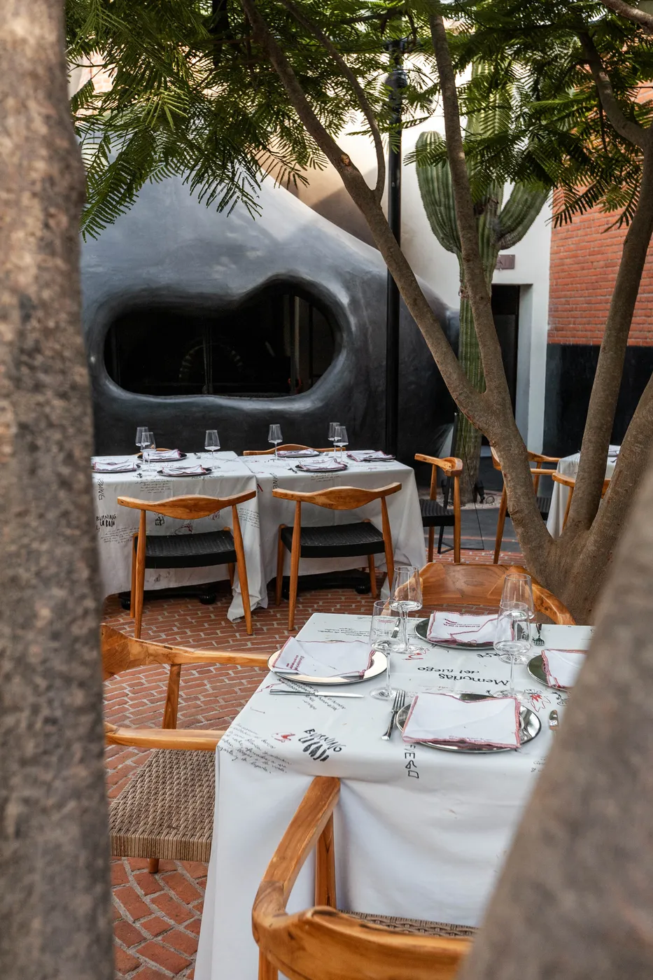 Courtyard tables set under a tree with the black sculptural oven behind, cacti and brick paving